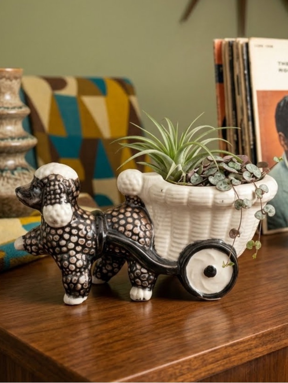Vintage Black And White Poodle Cart by Shafford Planter Japan